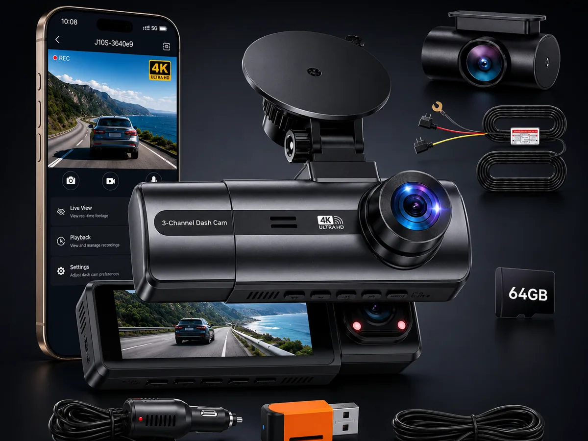 J10S Dash Cam 4K 3 Canales con kit parking, app y tarjeta 64GB